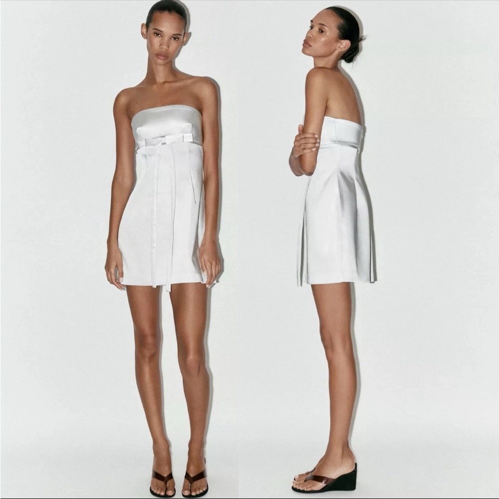 Zara NWT satin strapless mini dress with Bow Pearl Gray SIZE L